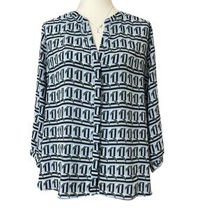 NYDJ Blue and Green Geometric Patterned Pintuck Blouse US M